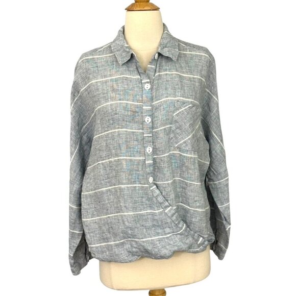 Habitat Clothes to Live In Linen Wrap Blouse Top Long Sleeve Blue White Size L - Picture 1 of 12